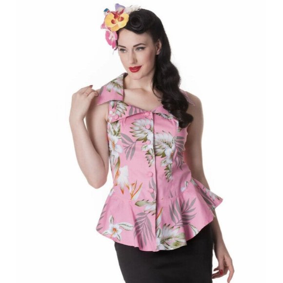 Hell Bunny Tops - Hell Bunny Vixen Size Small Hawaiian Print Pink Pin Up Peplum Top Blouse New